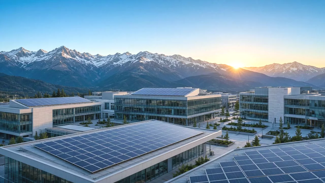 Firmenstandort mit Photovoltaik vor Alpenkulisse bei Sonnenaufgang